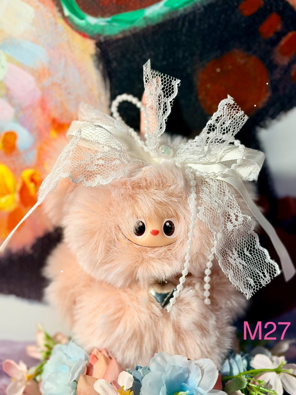 Plush Blush Pink Fluffy Charm with Lace Bow